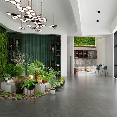 西餐厅水吧台植物绿植墙景观盆栽吊灯