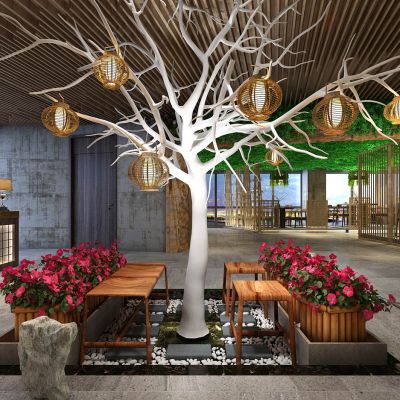 工业风餐厅景观休息等候区植物花槽树绿植墙