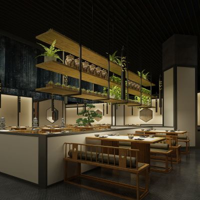 新中式自助餐厅餐桌椅卡座迎客松水景