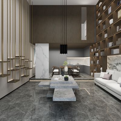 新中式会所茶室品茶区书柜