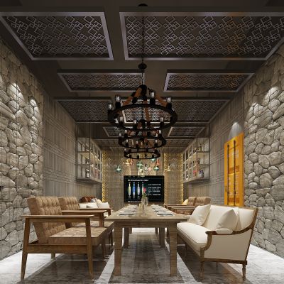 美式餐厅包间石头墙石头垄法式沙发麻绳吊灯