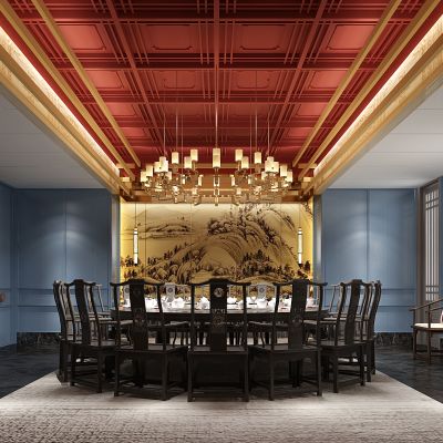 中式包间包房圆形实木餐桌椅吊灯