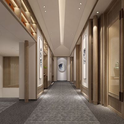 新中式茶馆茶楼走廊木门