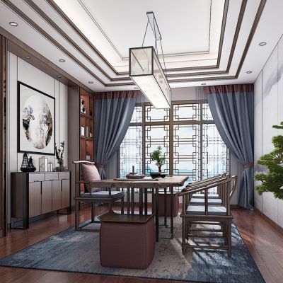 新中式禅意茶室中式书柜书桌盆景吊灯