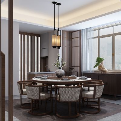 新中式餐厅餐饮包间圆形餐桌椅陶瓷花瓶