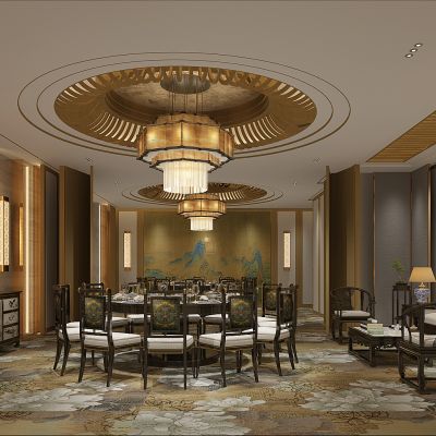 中式餐厅包间包房实木沙发椅子家具3D模型