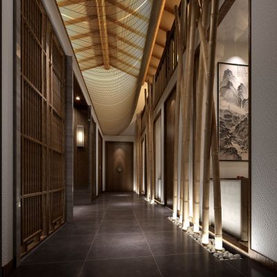 新中式民宿酒店会所餐厅走廊