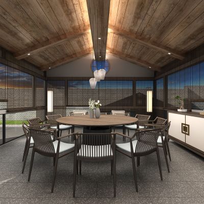 新中式民宿圆形餐桌椅子餐厅餐边柜竹帘