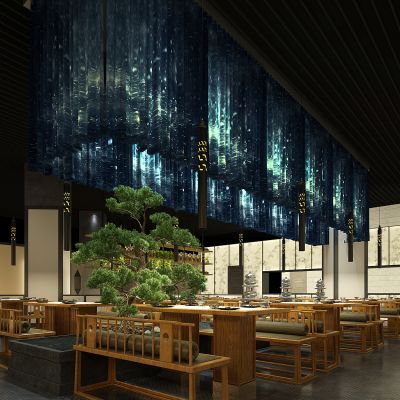 新中式自助餐厅餐桌椅卡座迎客松水景