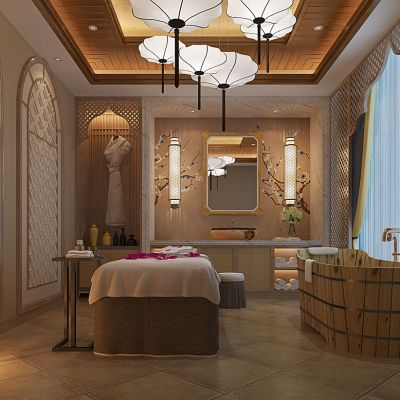 东南亚spa水疗会所按摩房床水桶