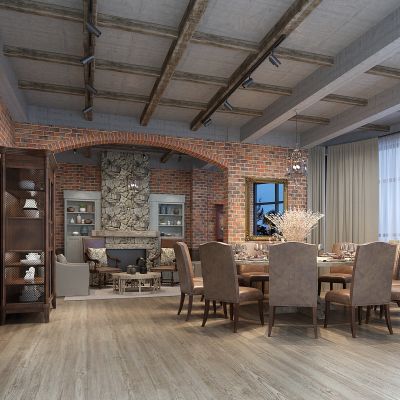 美式餐厅包间圆形餐桌椅子壁炉酒柜