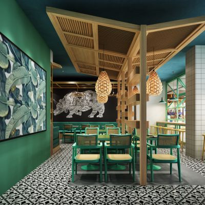 现代民宿绿色餐厅桌椅