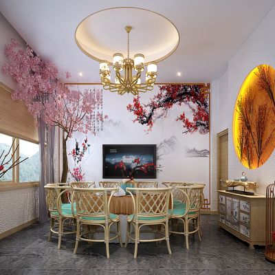 中式民宿民宿餐厅编织椅子鸟笼灯