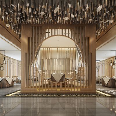 中式素食餐厅鹅卵石树枝木棍吊灯