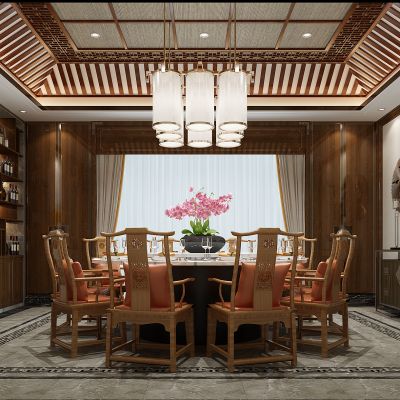 中式餐厅包间餐桌椅摆台边柜