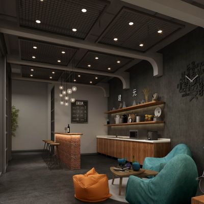 工业风办公室空间开敞办公水吧台