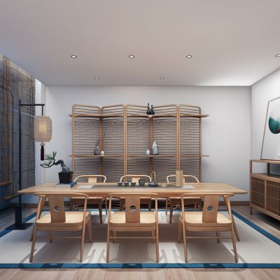 茶楼包间茶桌椅落地灯屏风边柜竹帘