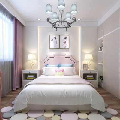 欧式简约女儿房卧室   床  床头柜  衣柜  吊灯  挂画  台灯  书桌椅