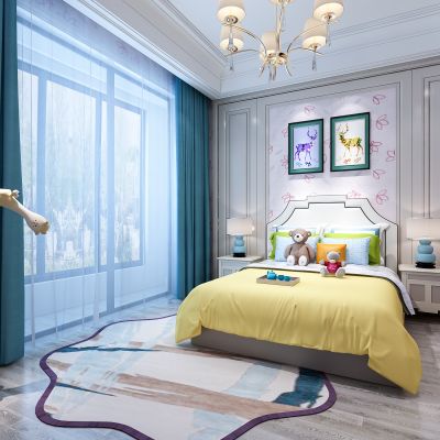 欧式儿童房  床 床头柜 台灯 地毯  吊灯 挂画  摆件 
