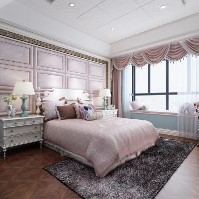 欧式简约女儿房  儿童房   床  床背景  床头柜  桌椅  窗帘   台灯  抱枕