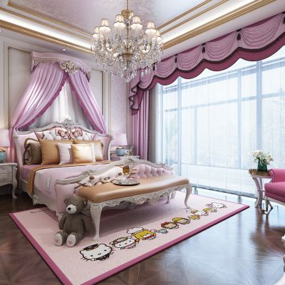 欧式女儿房  儿童房  床 床幔  床头柜 台灯 地毯 单椅 窗帘 吊灯