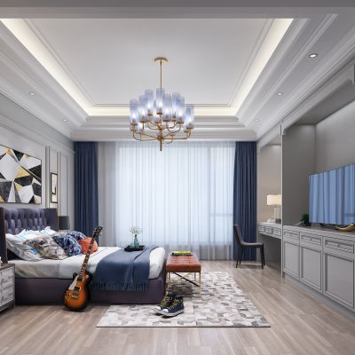 欧式简约男孩房 儿童房 床 床头柜 书桌椅 吊灯 抱枕 摆件  