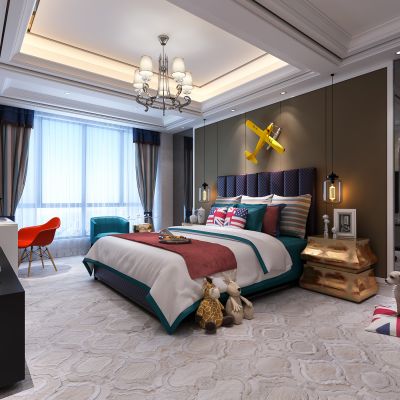 欧式简约男孩房  儿童房   床  床背景  床头柜  书桌椅  窗帘  吊灯  抱枕 摆件