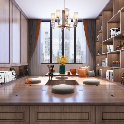 现代卧室榻榻米 书房 休闲室 榻榻米 升降桌 摆件 吊灯 柜子