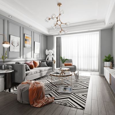 北欧客厅餐厅，沙发，电视柜，餐桌椅，吊灯，装饰画，装饰柜。