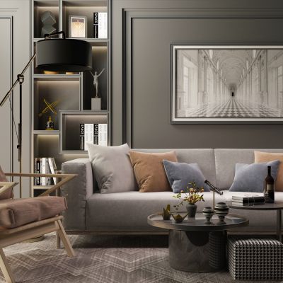 现代沙发茶几单椅落地灯组合