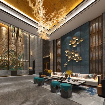 新中式酒店会所售楼处大堂前台