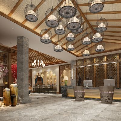 东南亚新中式酒店会所大堂大厅