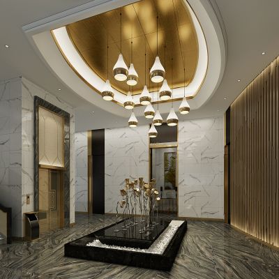 新中式电梯间厅铁艺莲藕水景吊灯垃圾桶