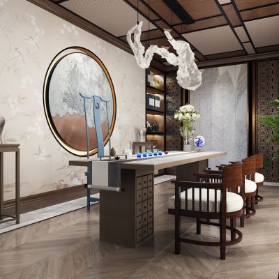 新中式书房茶室茶桌椅书柜水晶吊灯