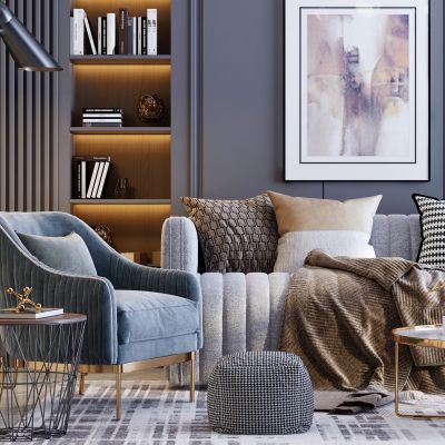 现代轻奢布艺沙发茶几摆件组合