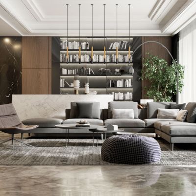 现代灰色沙发茶几摆件组合