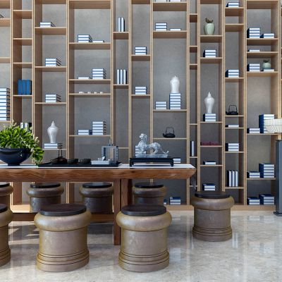 新中式会所品茶室桌椅茶桌椅书柜古书籍