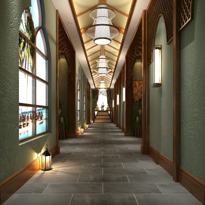 新中式东南亚餐饮包间会所走廊