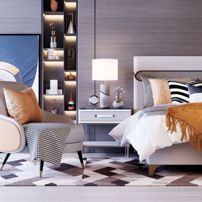 现代轻奢床具单椅摆件组合