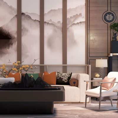 新中式沙发单椅盆栽组合