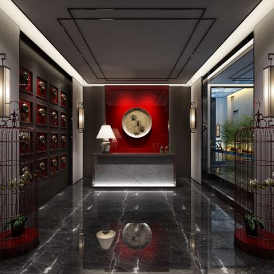 新中式茶楼前厅鸟笼