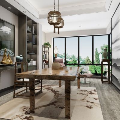 新中式书房茶室茶桌椅书柜水晶吊灯