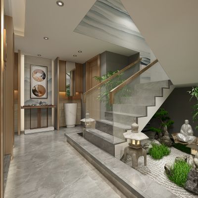 中式茶馆茶楼楼梯间日式枯山水景观