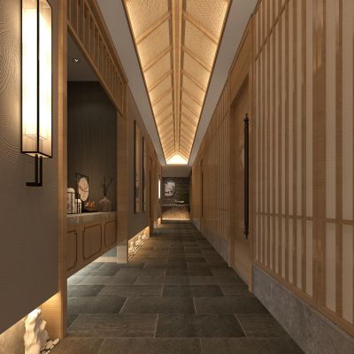 新中式东南亚餐饮包间走廊硅藻泥墙面