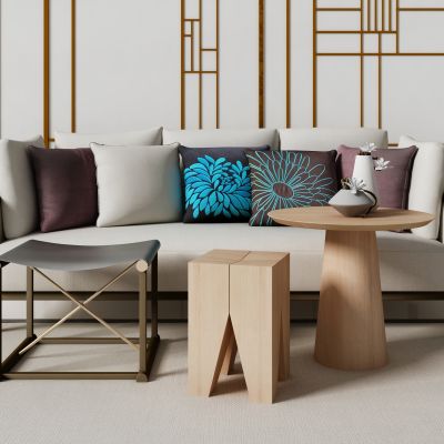 新中式沙发藤椅吊灯组合