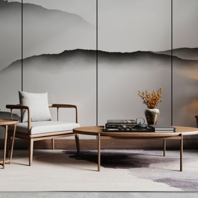 新中式单椅茶几组合