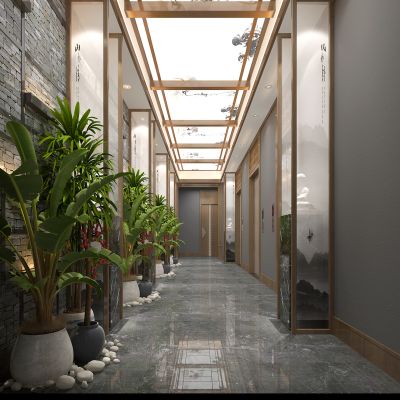 新中式餐饮餐厅走廊植物盆栽