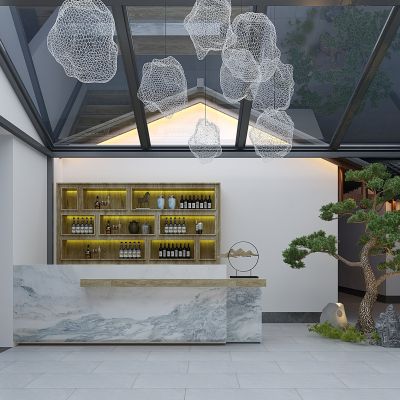 新中式大厅接待台铁网吊灯景观树