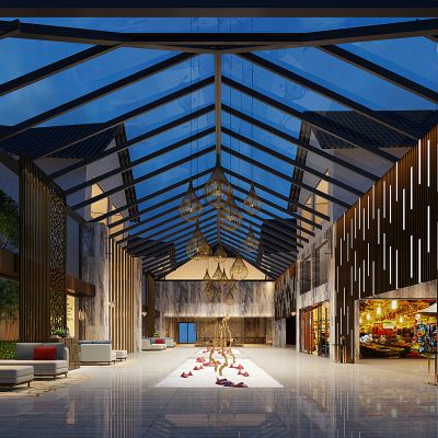 新中式酒店接待大厅枯山水鱼