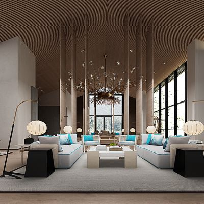 新中式酒店接待区沙发茶几落地灯